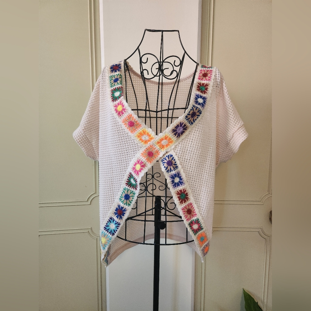 Colorful Crochet Trim Sweater Or Coverup